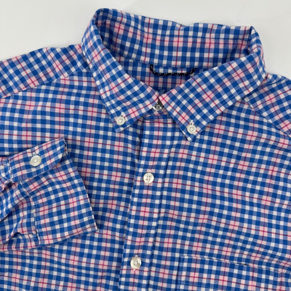 Vineyard Vines Men Small Blue Pink Plaid Button Down Shirt On The Go Performance
